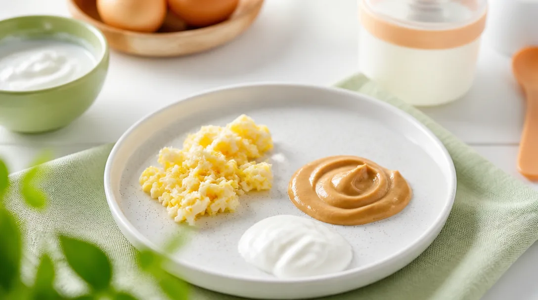 Små portioner ägg, slät jordnötskräm och mjölkprodukter på ett ljust fat