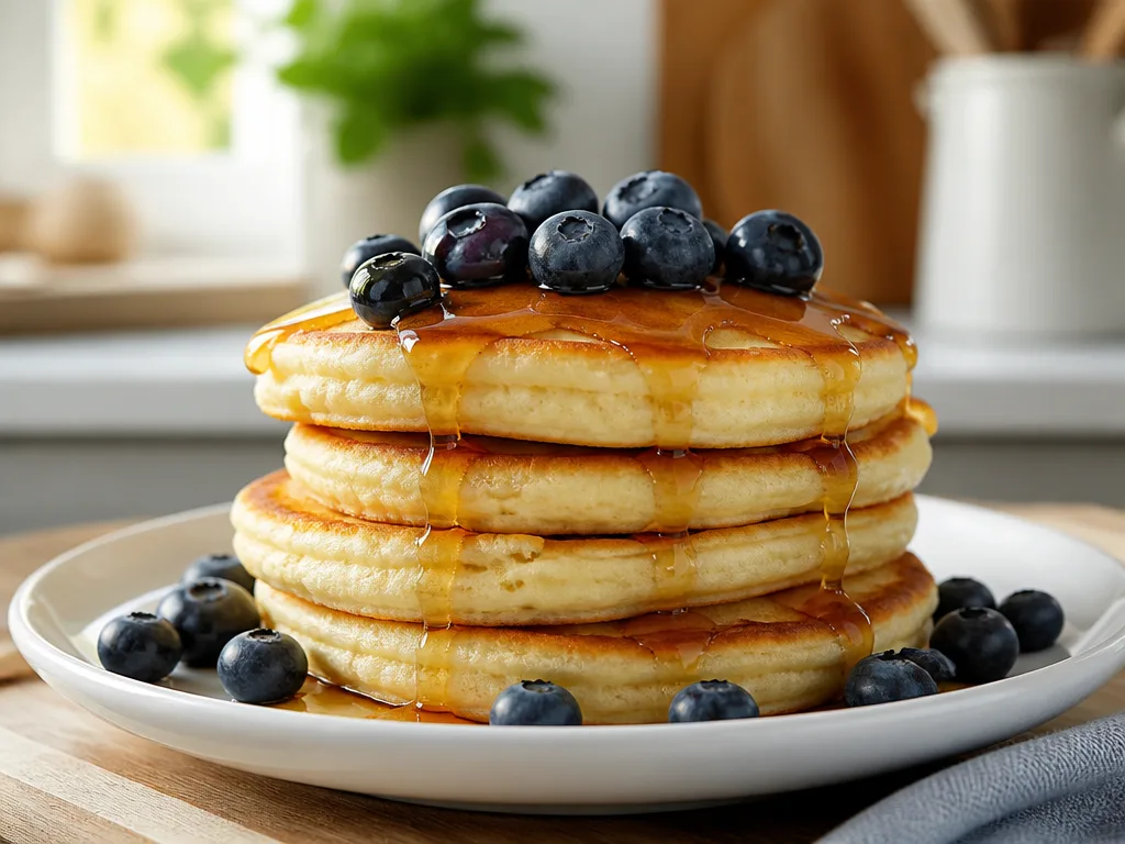 En trave tjocka fluffiga amerikanska pannkakor på vit tallrik med blåbär och lönnsirap