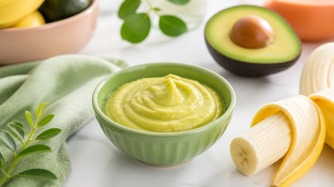 Krämig grön-gul puré av avokado och banan i en liten skål