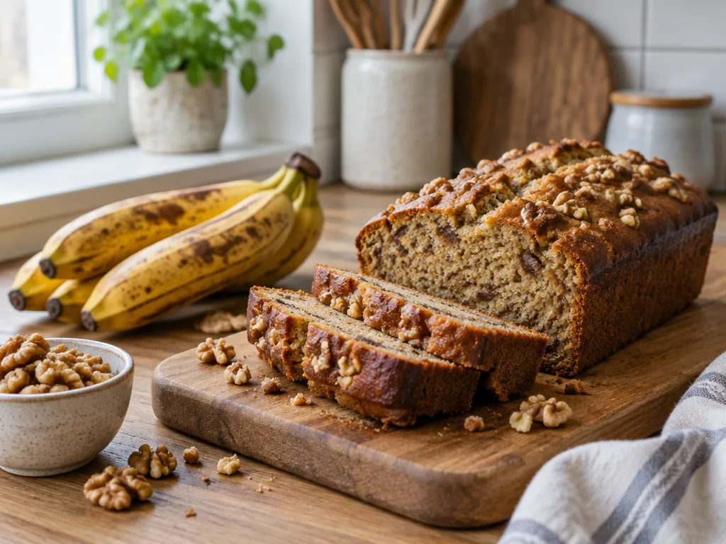 Skivat bananbröd med valnötter på en skärbräda, med brunprickiga bananer bredvid