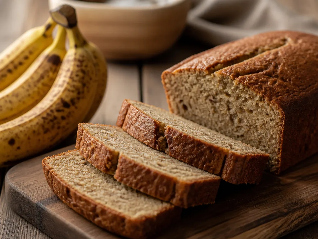 Skivad banankaka på träbräda med mogna, brunprickiga bananer bredvid