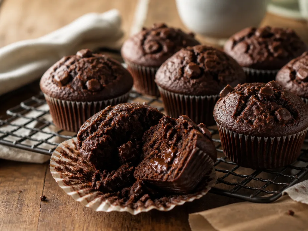 Nybakade chokladmuffins med saftig kärna som svalnar på ett galler