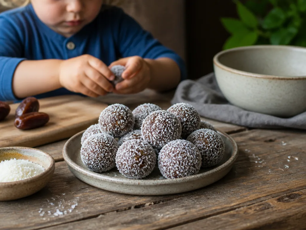 Runda chokladbollar med dadlar rullade i kokosflingor på ett träbräde
