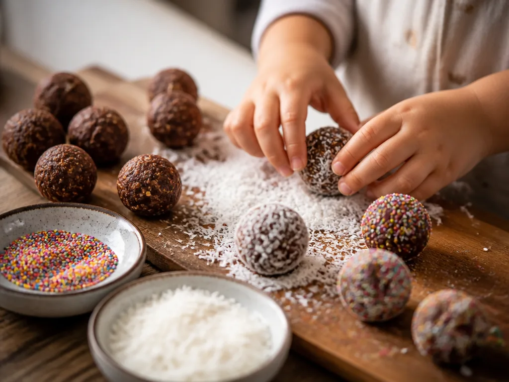Barnhänder som rullar chokladbollar i kokosflingor och strössel på ett träbräde