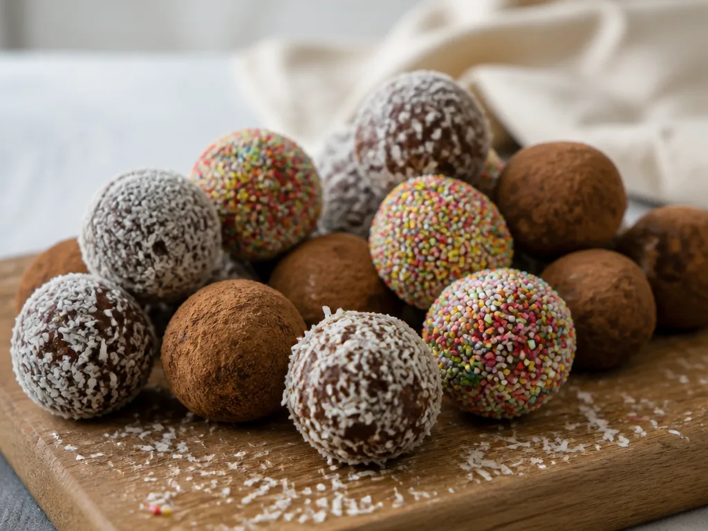 Hemlagade chokladbollar rullade i kokosflingor och strössel på ett träbräde
