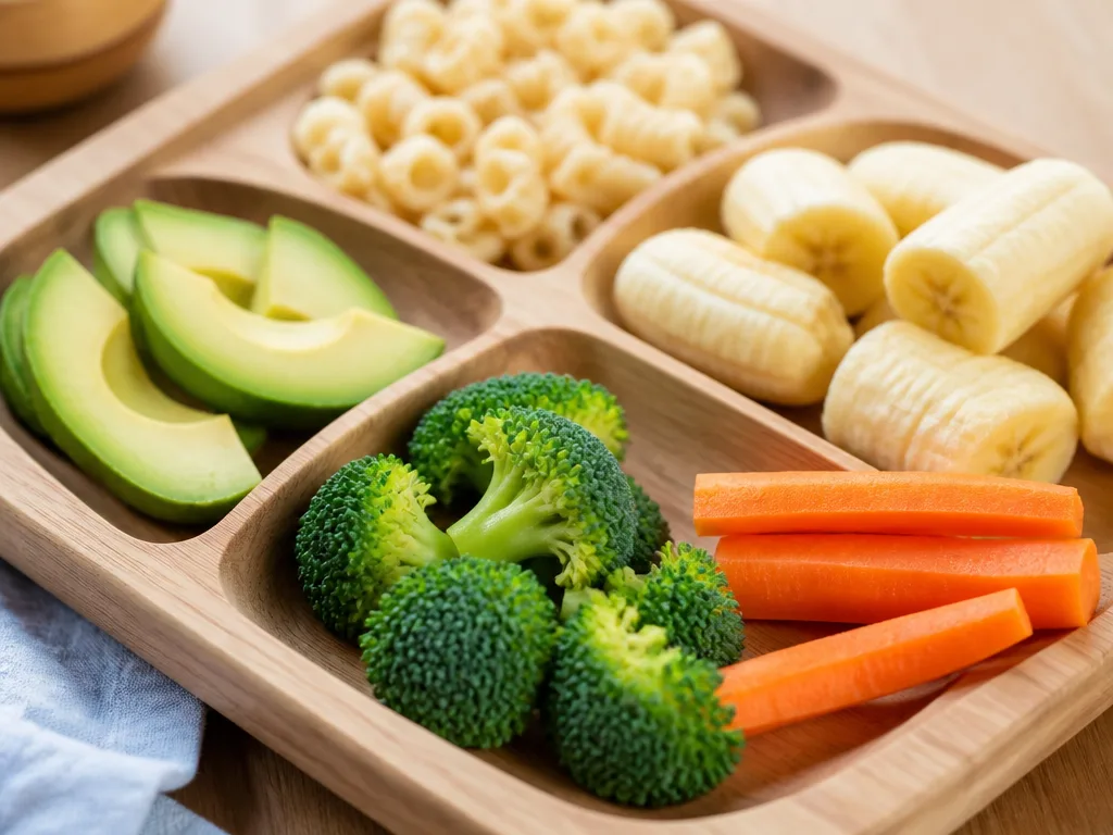 Färgglad bricka med mjukkokta babyfingerfood: morotsstavar, broccolibukettar, avokadobitar och bananstycken i naturligt dagljus