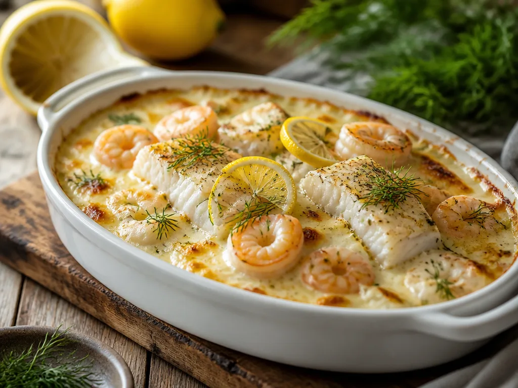 Krämig fiskgratäng med torsk och räkor i vit ugnsform, toppad med dill och citron
