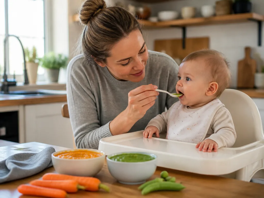 Förälder matar bebis med en liten sked vegetabilisk puré i ett ljust kök