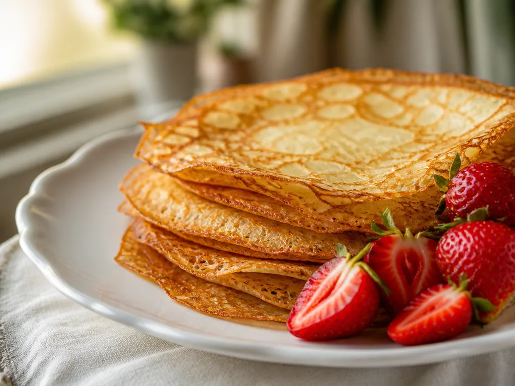 Frasiga pannkakor med gyllene krispiga kanter, staplade på vit tallrik med färska jordgubbar