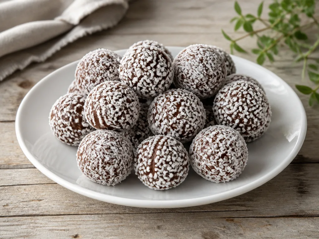 Gammaldags chokladbollar rullade i kokos och pärlsocker på vit tallrik