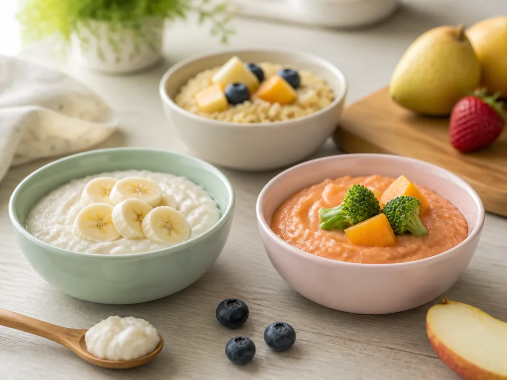 Glutenfri barnmat i pastellfärgade skålar på ett ljust träbord – risgrynsgröt med banan, laxpuré med grönsaker och quinoa med frukt