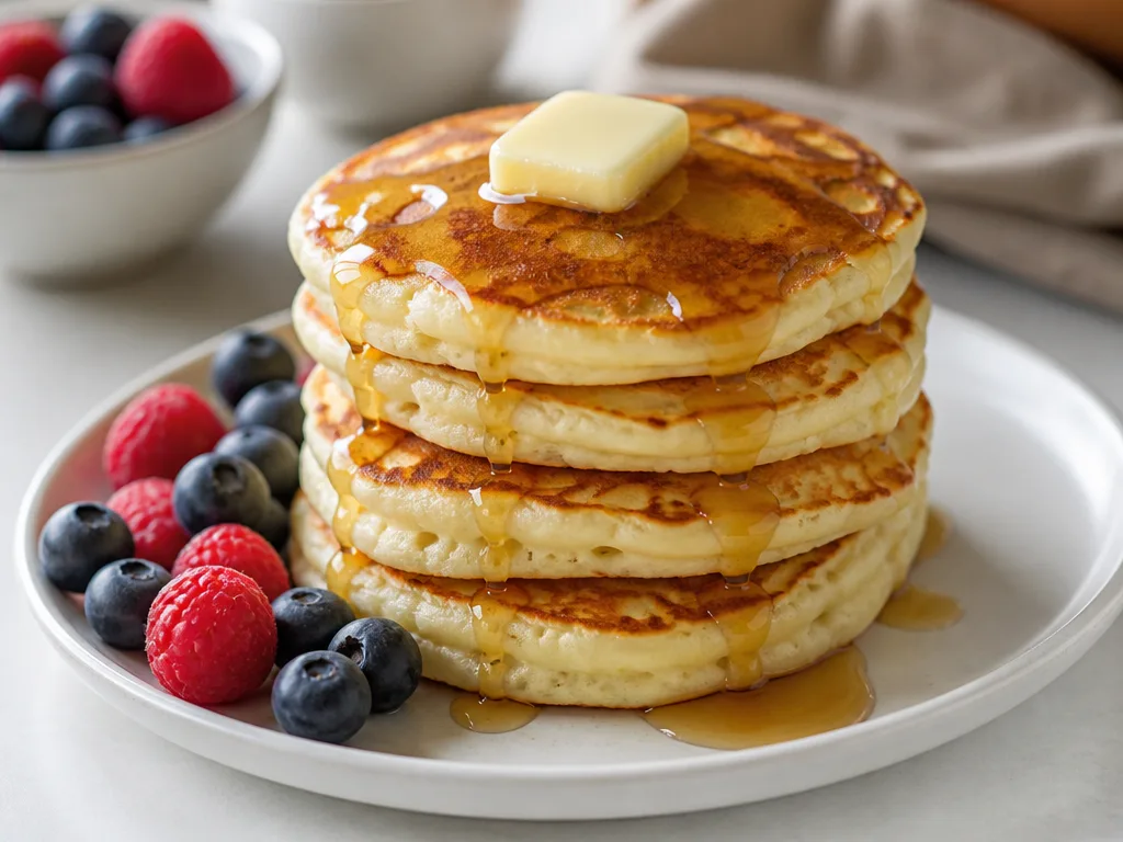 Stapel av tjocka, fluffiga glutenfria amerikanska pannkakor med lönnsirap och färska bär