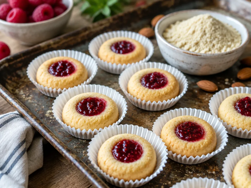 Glutenfria hallongrottor med blank hallonsylt i små vita pappersformar på en plåt