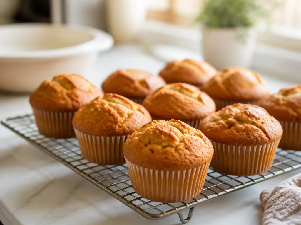 Nybakade glutenfria muffins som svalnar på ett galler i ett ljust kök
