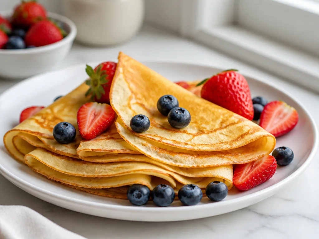 Tunna gyllenbruna glutenfria pannkakor staplade på vit tallrik med färska jordgubbar och blåbär