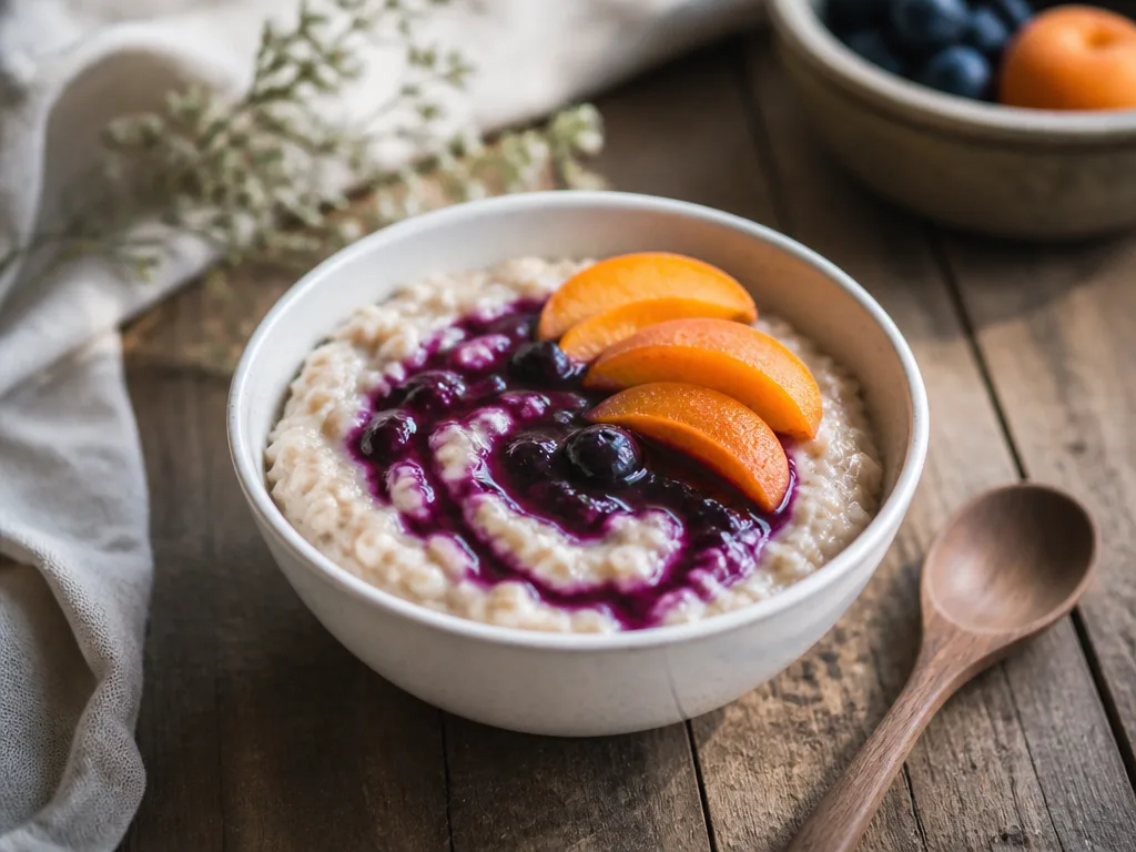 Vit keramikskål med varm havregrynsgröt och blåbärspuré i naturligt morgonljus på rustikt träbord