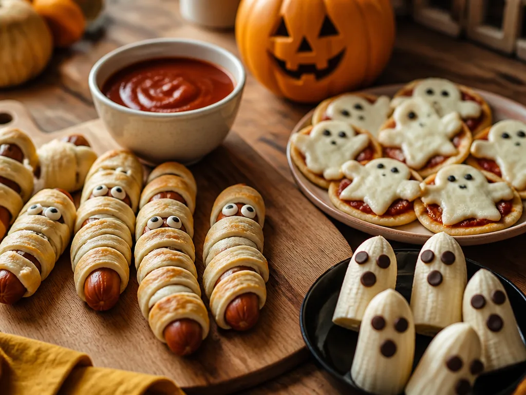 Läskigt roliga halloweenrätter för barn på ett bord – mumiekorvar, spökpizza och monstersmoothie