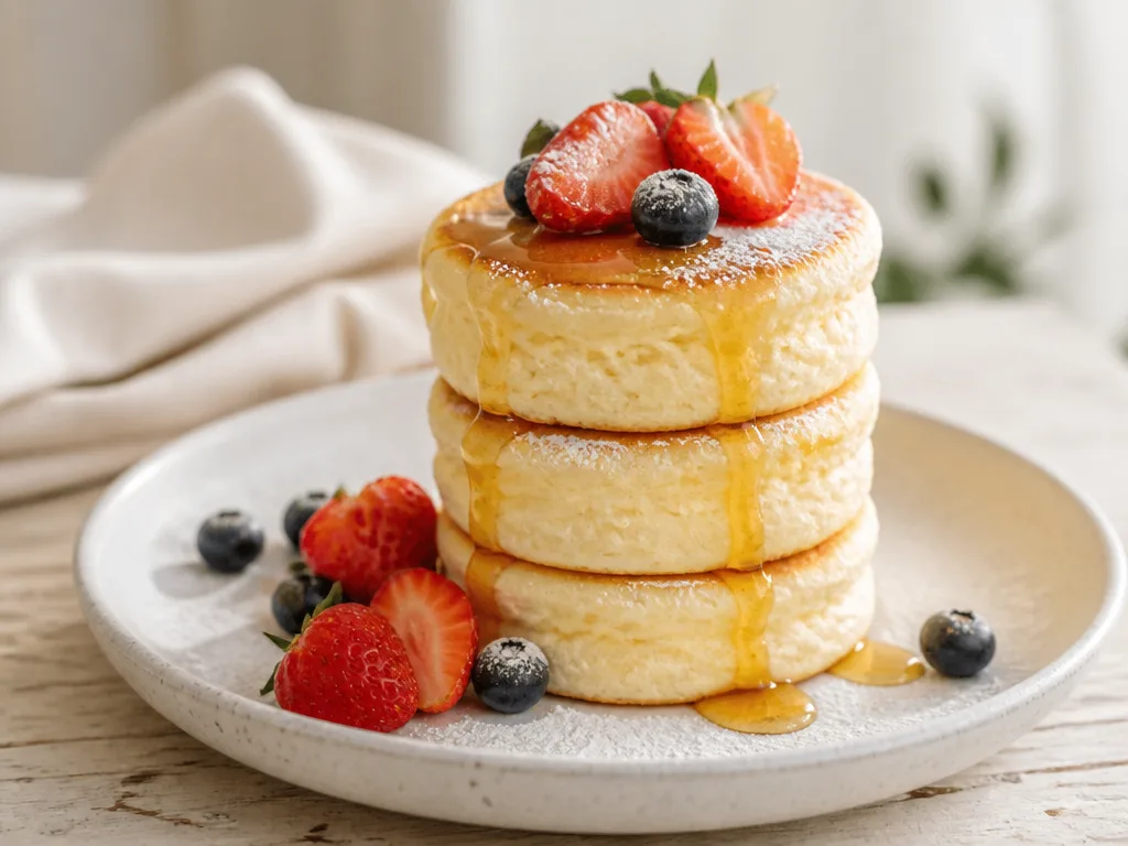 Hög stack av fluffiga japanska soufflépannkakor med färska jordgubbar, blåbär och lönnsirap
