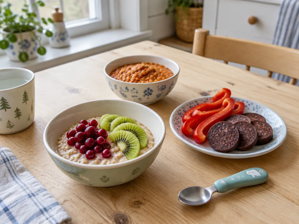 Havregrynsgröt med lingon och kiwi, röda linser, paprikastrimlor och blodpudding på ett köksbord med barnsked