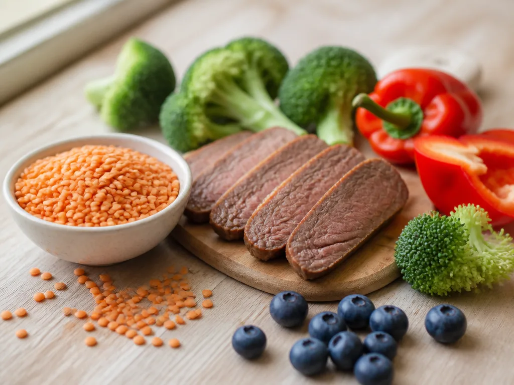 Järnrika livsmedel för bebis – röda linser, köttbitar, broccoli, blåbär och röd paprika på träbord