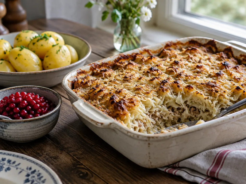 Ugnsbakad kålpudding med brynt vitkål i en vit form, serverad med kokt potatis och lingon