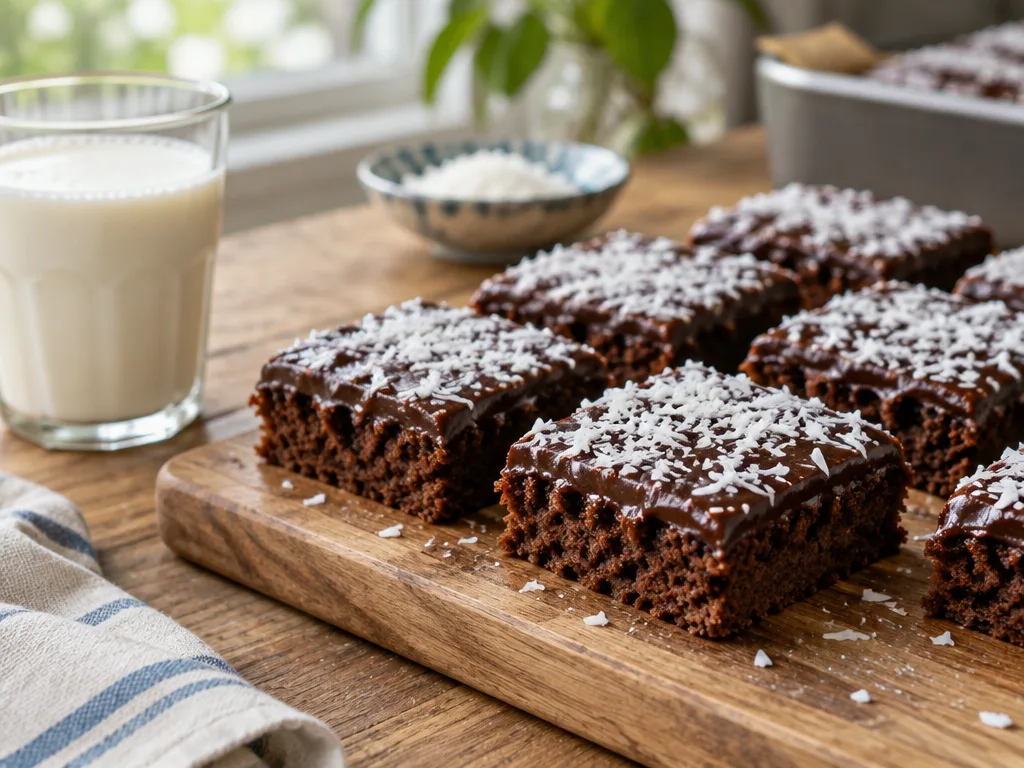 Rutor av kärleksmums med chokladglasyr och kokosflingor på en träbräda bredvid ett glas mjölk
