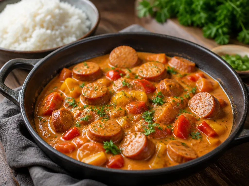 Krämig korvgryta med falukorv, paprika och persilja i en gryta, serverad med ris