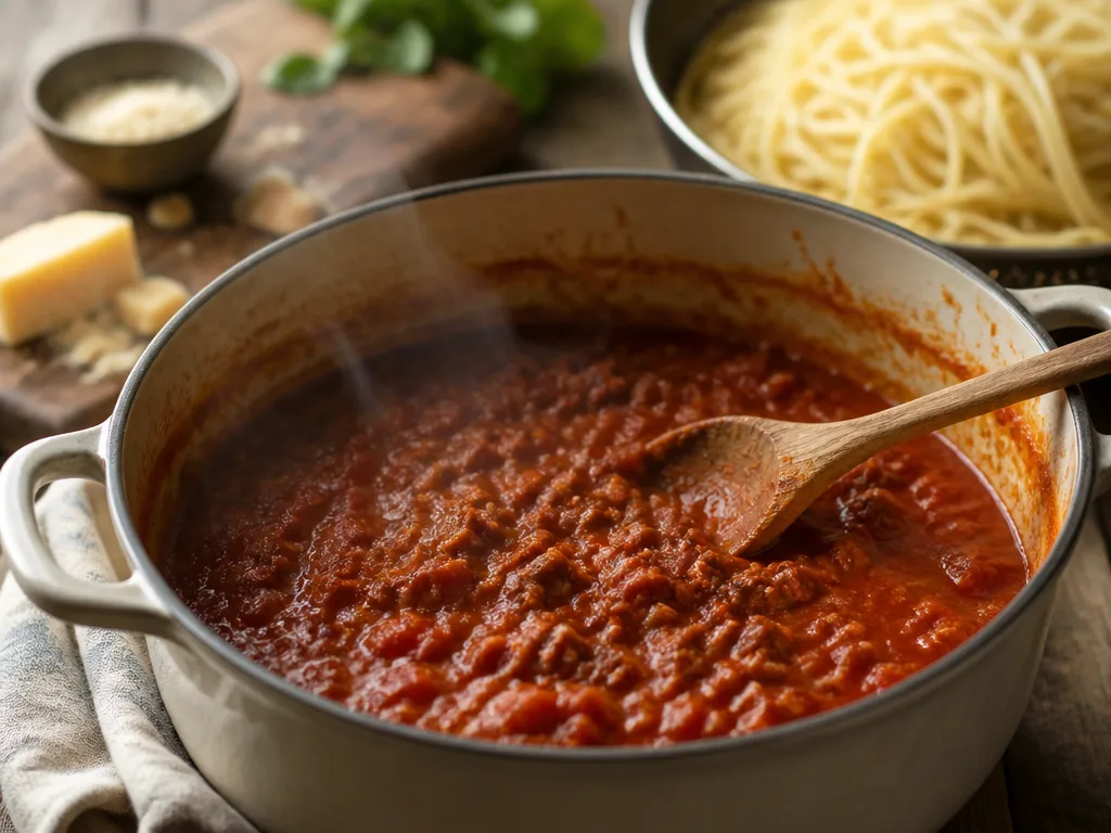 En kastrull mustig köttfärssås som puttrar, med spaghetti bredvid på ett köksbord