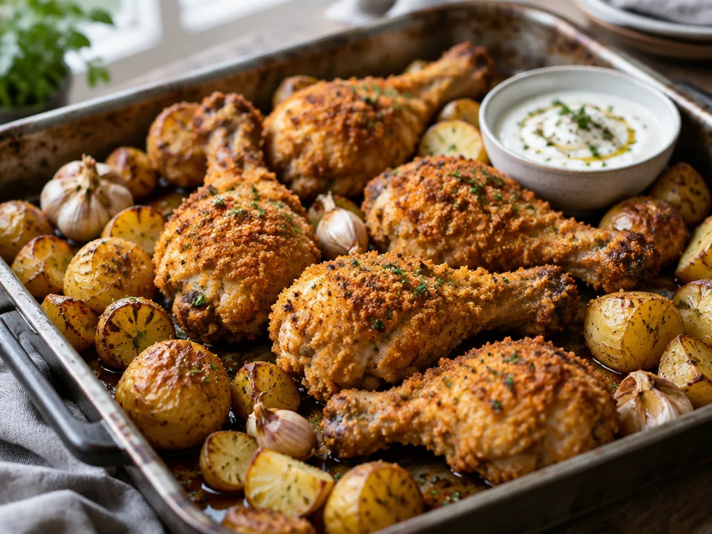 Panerade kycklingklubbor i en långpanna med rostad potatis, hela vitlökar och en skål vitlökssås
