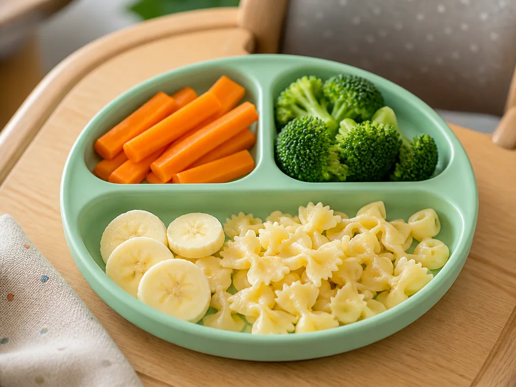 Färgglad babymats-bricka med mjukkokta morotsstavar, broccoli, bananskivor och liten pasta på ett träunderlag i naturligt dagljus