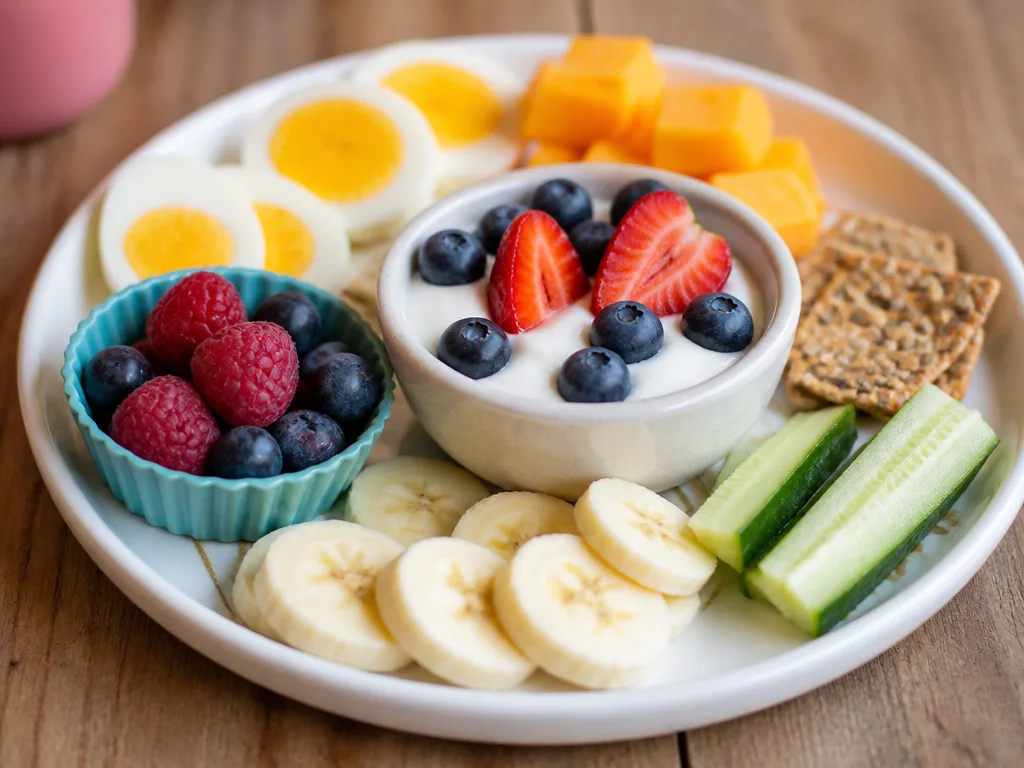 Färgglad tallrik med mellanmål för barn – bananskivor, yoghurt med bär, kokt ägg och ostbitar