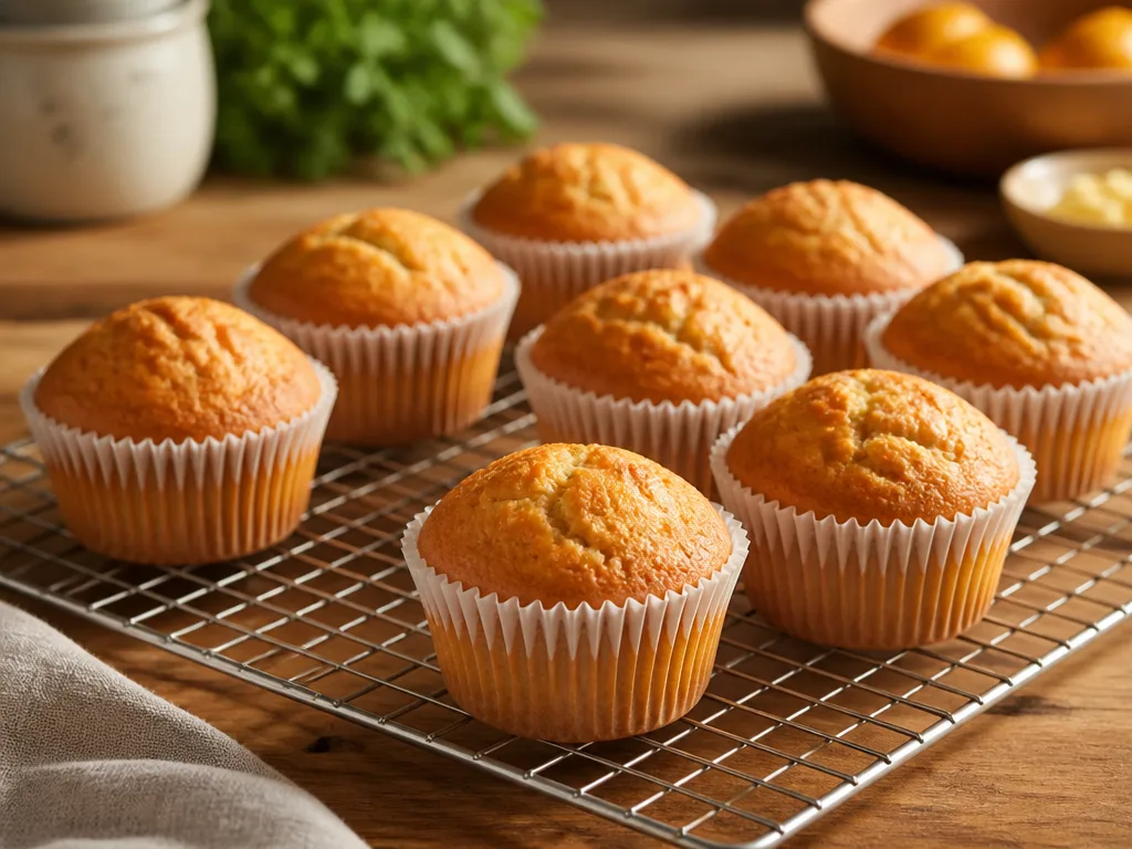 Nybakade gyllenbruna muffins i pappersformar som svalnar på ett galler