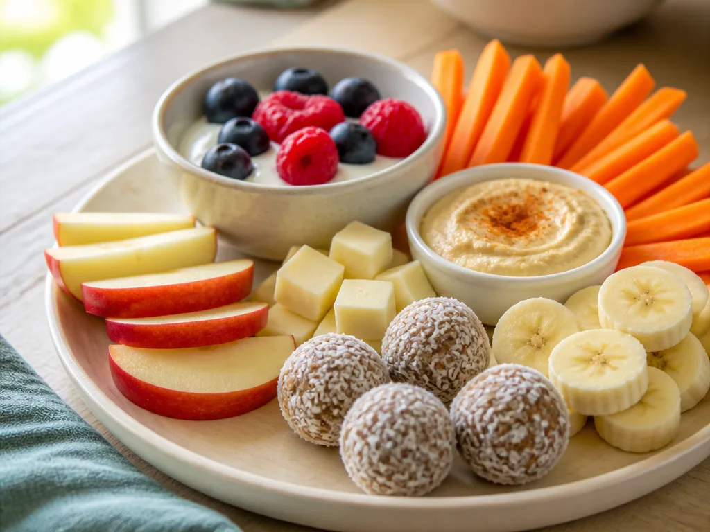 Färgglada nyttiga mellanmål för barn på träbord – yoghurt med bär, äppelskivor, morotsstavar med hummus och energibollar