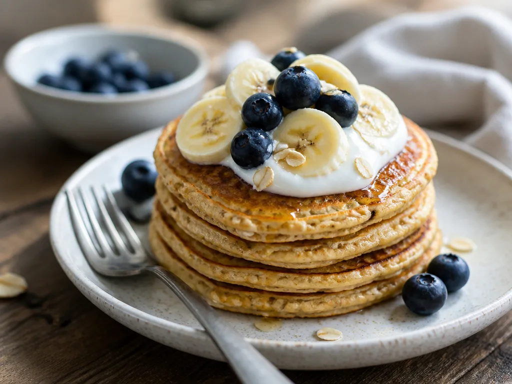 Stapel av nyttiga pannkakor toppade med färska blåbär, bananskivor och en klick yoghurt