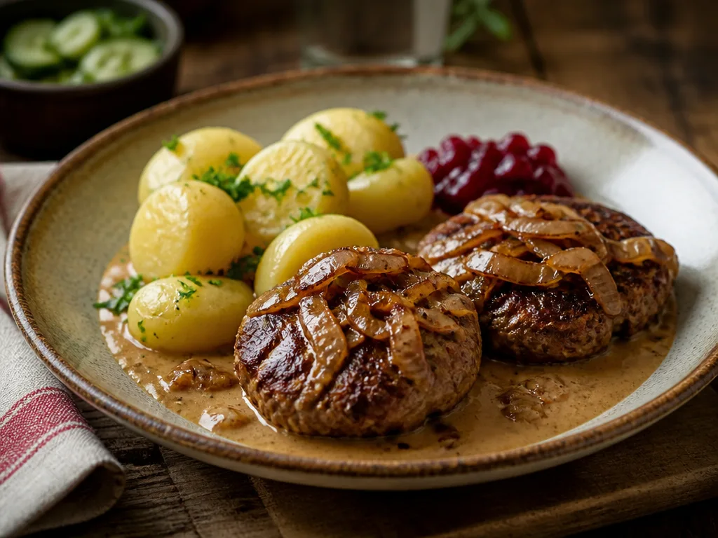 Pannbiffar med stekt lök, gräddsås och kokt potatis på en tallrik