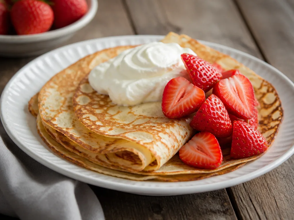Tunna svenska pannkakor staplade på tallrik med jordgubbar och vispad grädde