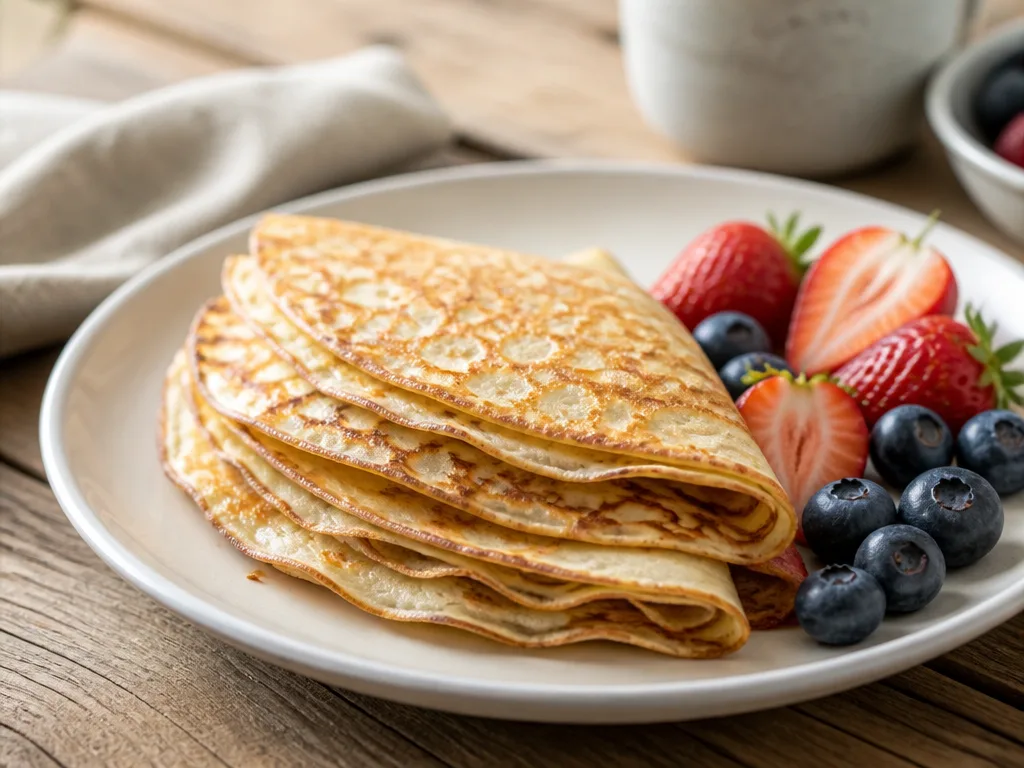 Tunna gyllenbruna pannkakor staplade på vit tallrik med färska jordgubbar och blåbär