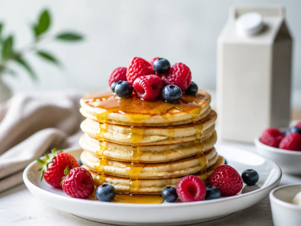 Stapel av gyllenbruna pannkakor gjorda utan mjölk, serverade på tallrik med bär och sirap