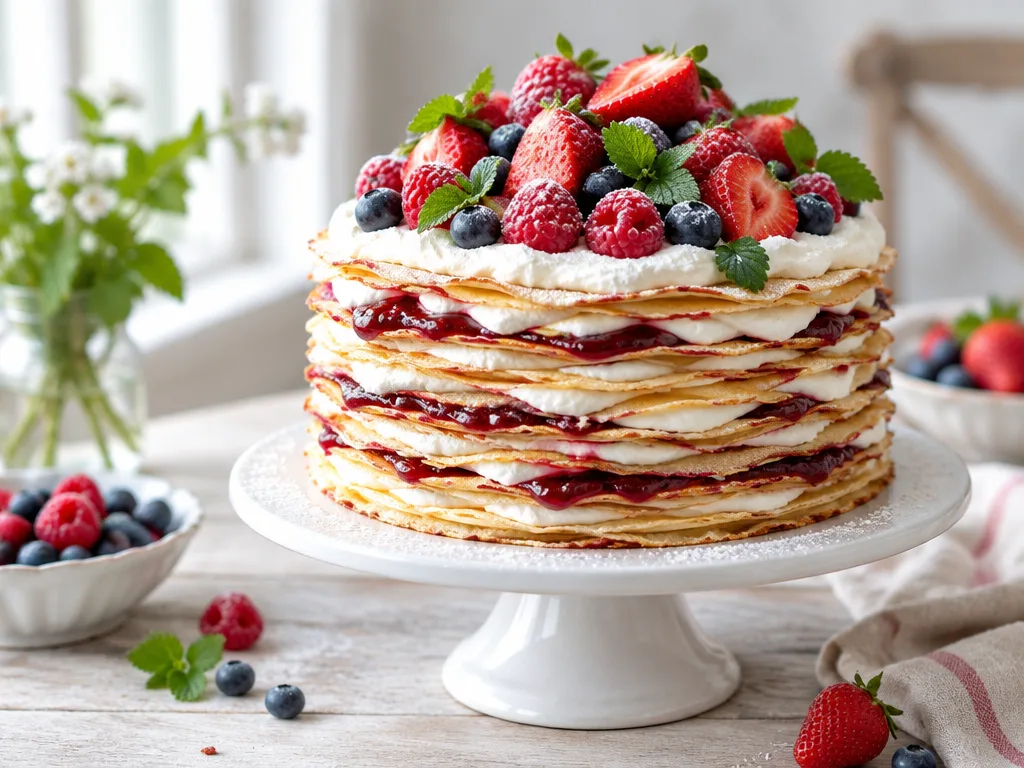 Hög pannkakstårta med vispgrädde och hallonsylt mellan lagren, toppad med jordgubbar, hallon och blåbär på ett vitt tårtfat