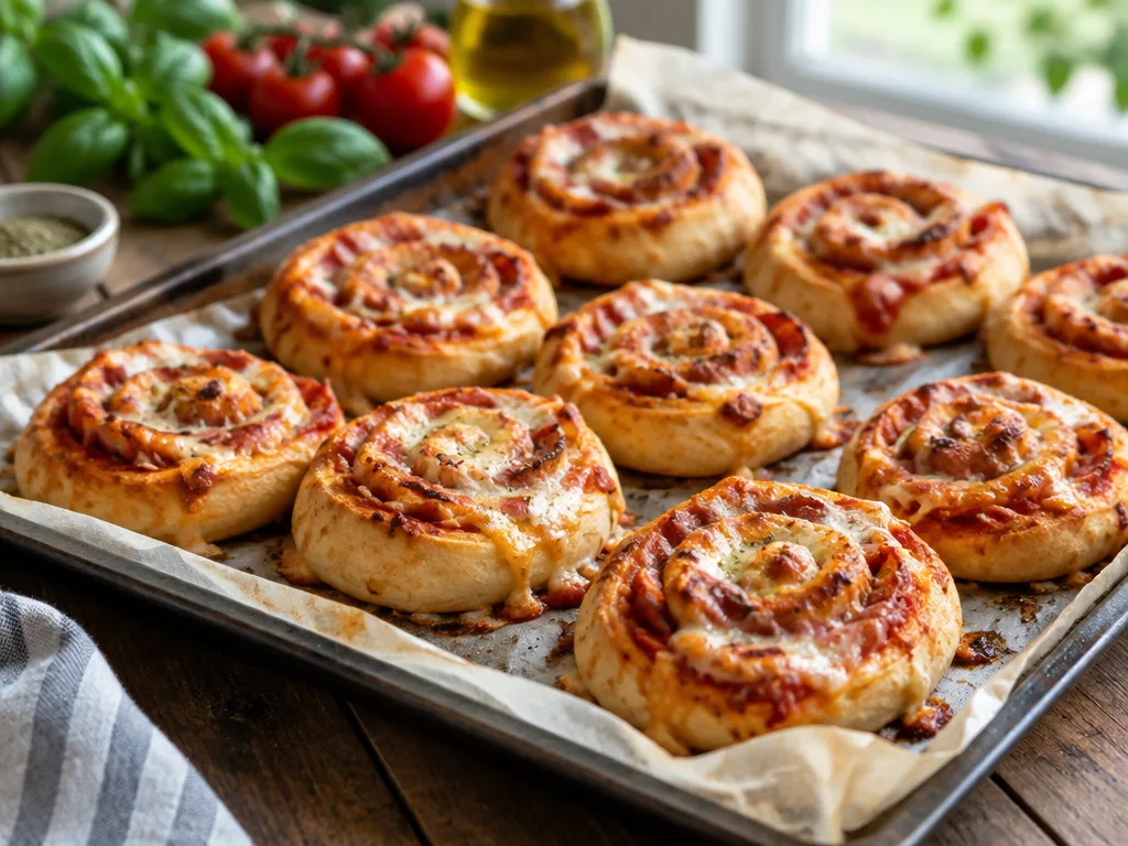 Nygräddade pizzabullar med smält ost och tomatsås på en plåt med bakplåtspapper, basilika och tomater i bakgrunden