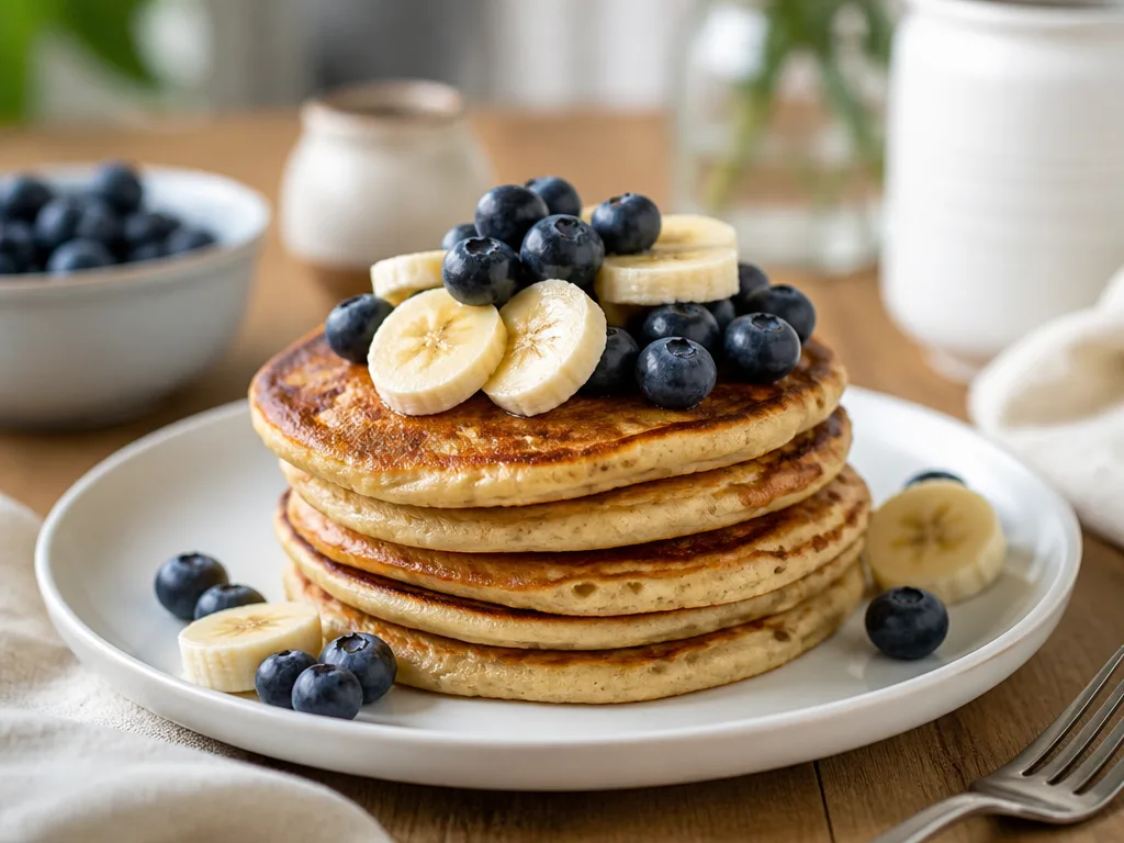 Stapel av protein pannkakor toppade med färska blåbär och skivad banan på vit tallrik