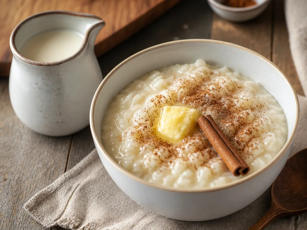 Krämig risgrynsgröt i vit skål med smält smör och kanel, kanelstång och en kanna mjölk bredvid