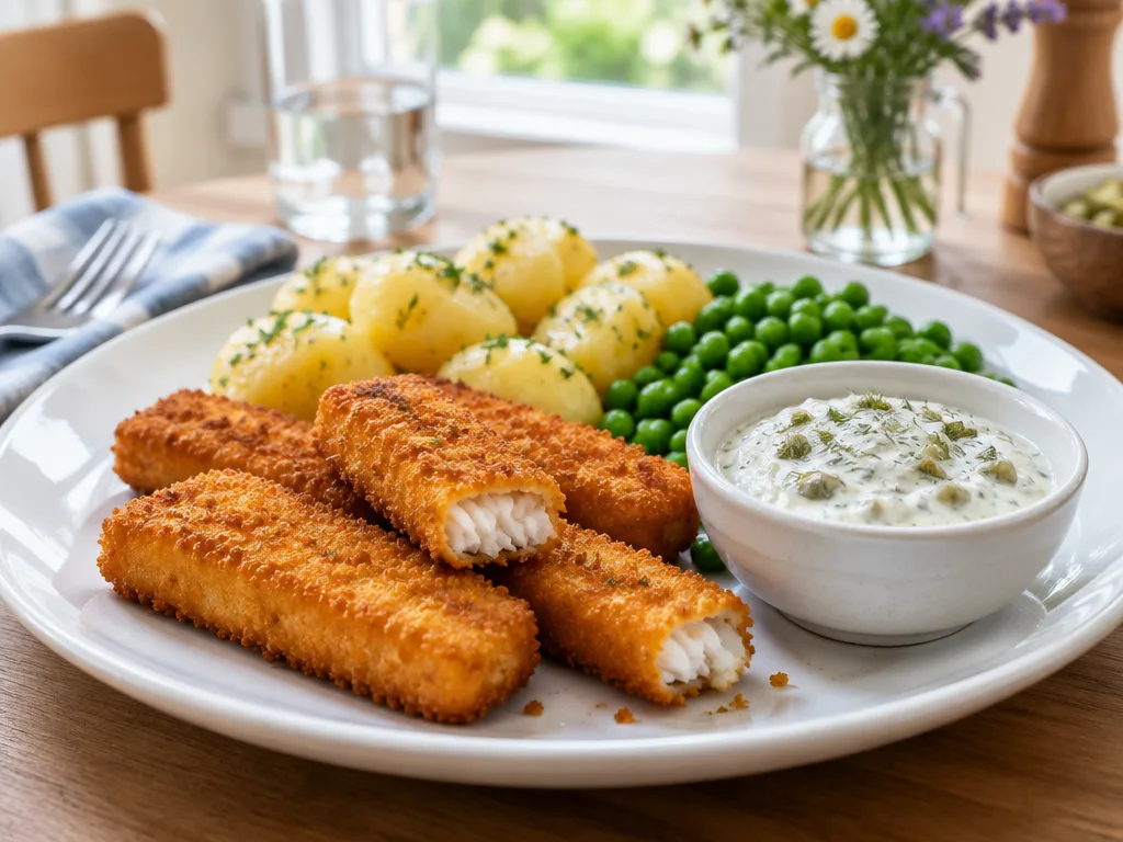 Panerade fiskpinnar med kokt potatis, gröna ärtor och en skål kall dillsås med bostongurka