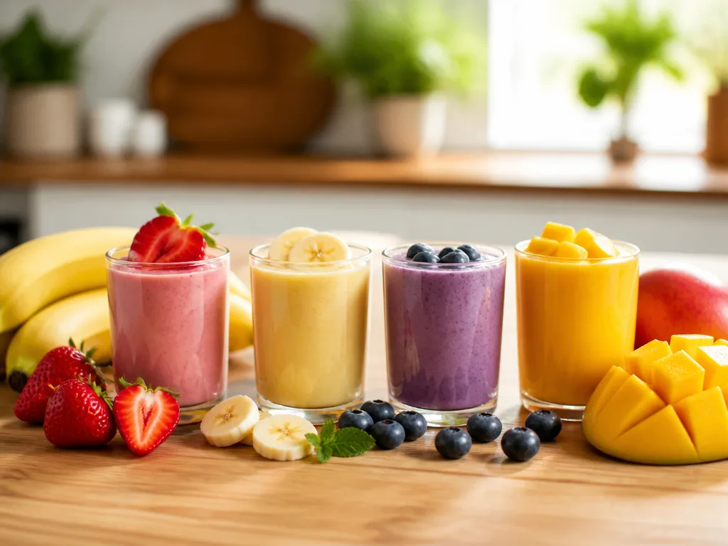 Färgglada fruktsmoothies i små glas på ett ljust träbord med jordgubbar, banan, blåbär och mango