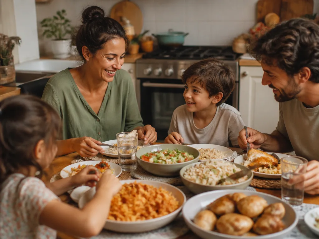 Familjemiddag dukad med enkla vardagsrätter som pasta, kyckling och grönsaker