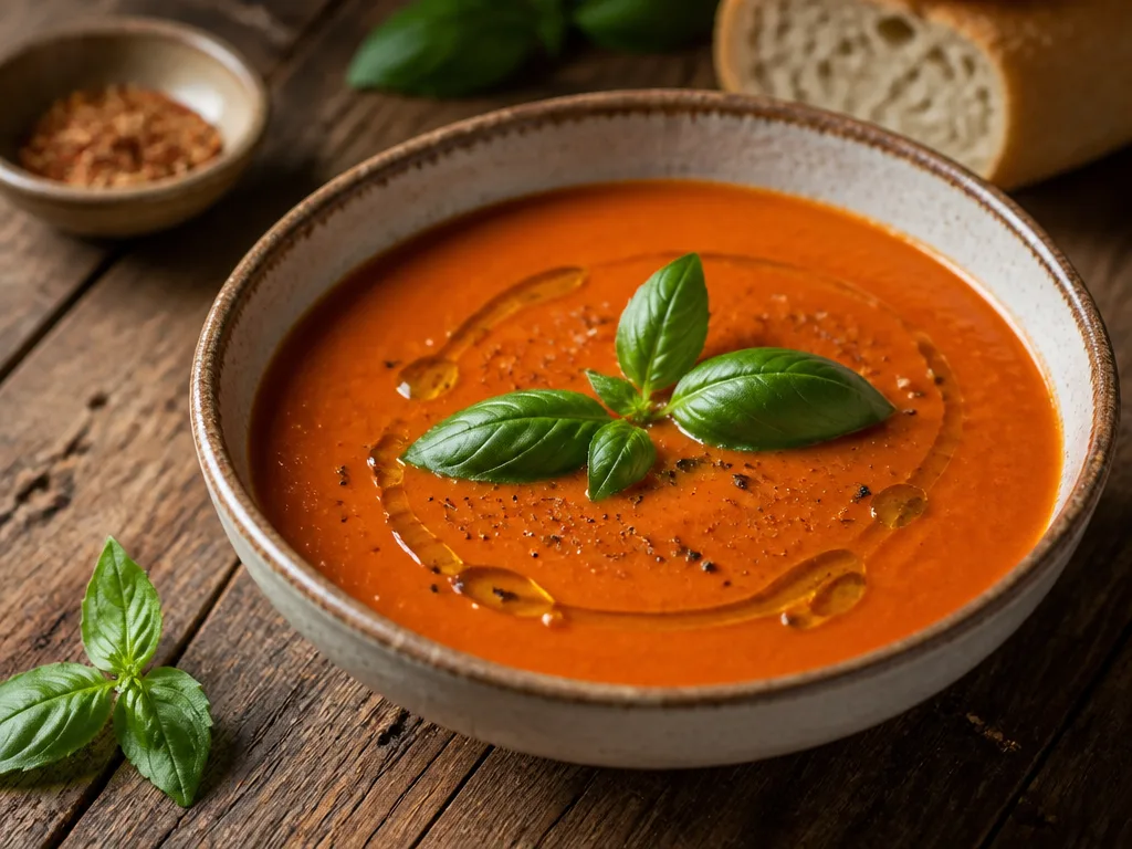 En skål krämig tomatsoppa toppad med färsk basilika och en skvätt olivolja
