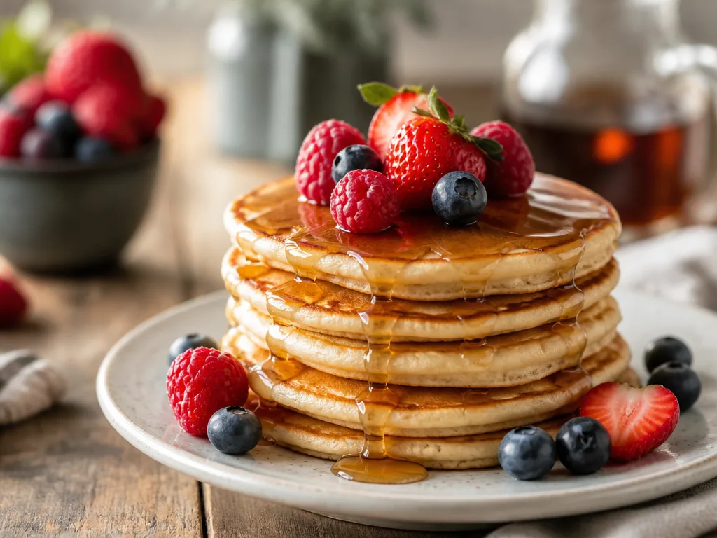 Stapel av veganska pannkakor toppade med färska bär och lönnsirap på ett rustikt träbord