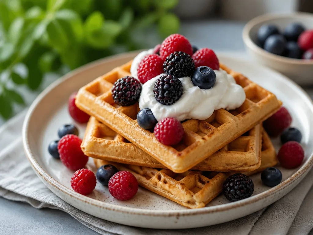 Frasiga veganska våfflor staplade på tallrik med vispad växtgrädde och färska bär