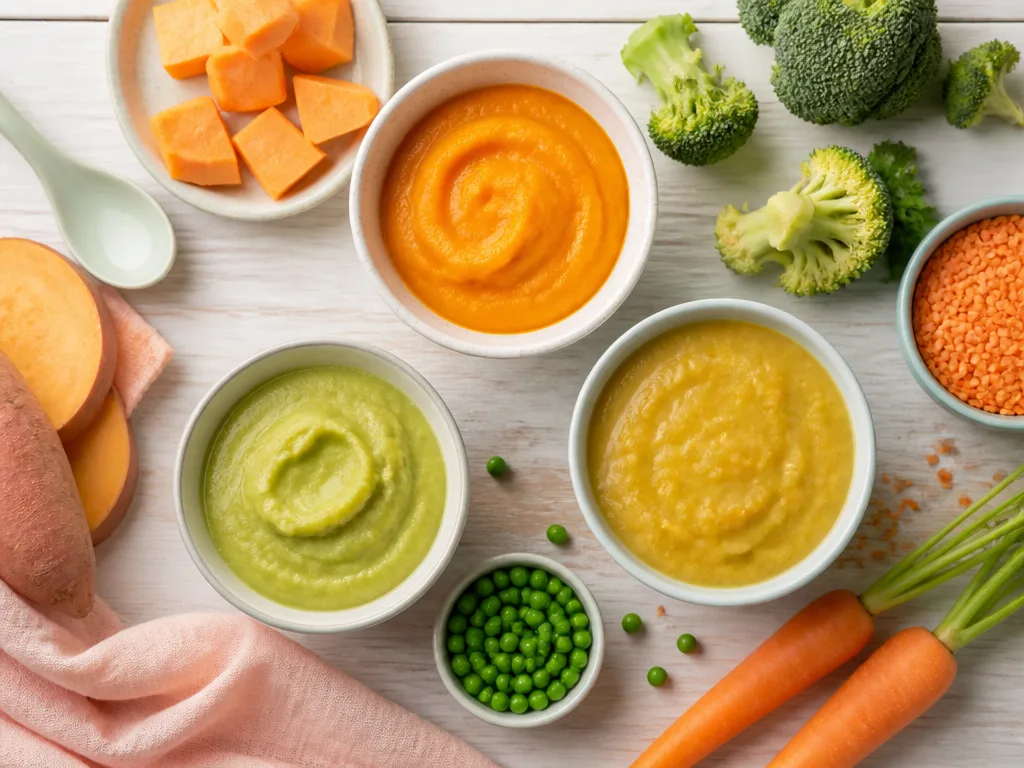 Vegetarisk barnmat i färgglada keramikskålar – linsgryta, sötpotatispuré och gröna ärtor på ett ljust träbord